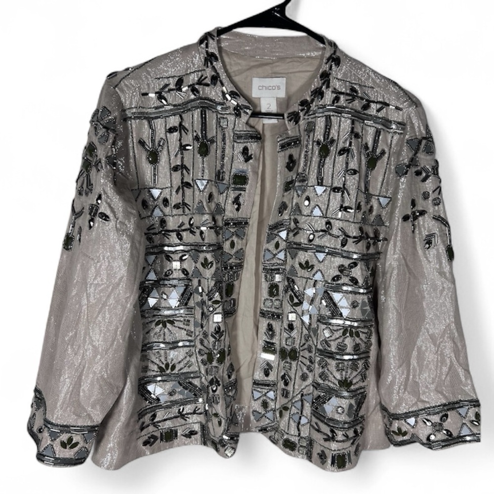 Chicos Embellished Jacket Size M (Chicos Size 2) Beige Khaki Beaded Jacket